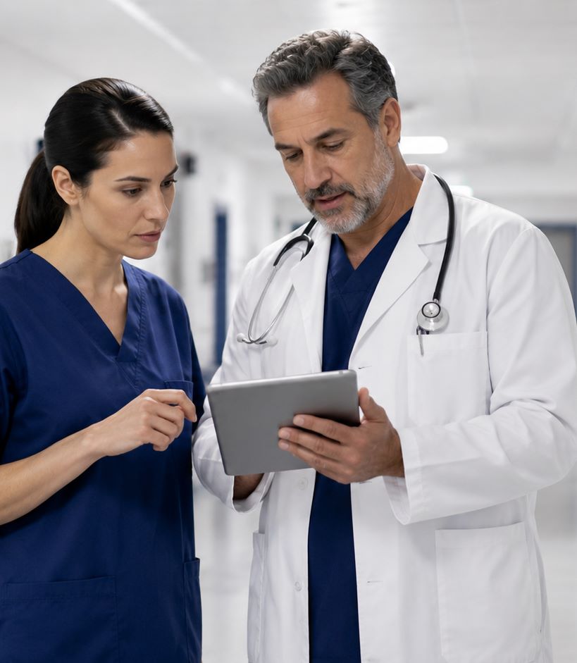 Médico y enfermera revisan una tableta en un hospital, con estetoscopio y uniforme azul y blanco.